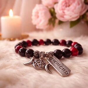 Gothic Red and Black Beaded Bracelet with Silver Charms
